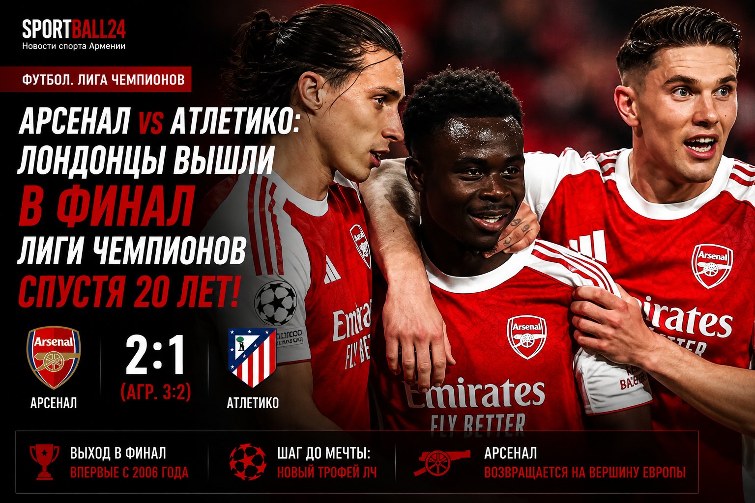 Арсенал vs Атлетико: лондонцы вышли в финал Лиги чемпионов спустя 20 лет